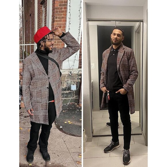 Men's Khaki Wool Blend Pea Coat Notched Collar Single Breasted Overcoat - Picture 4 of 8